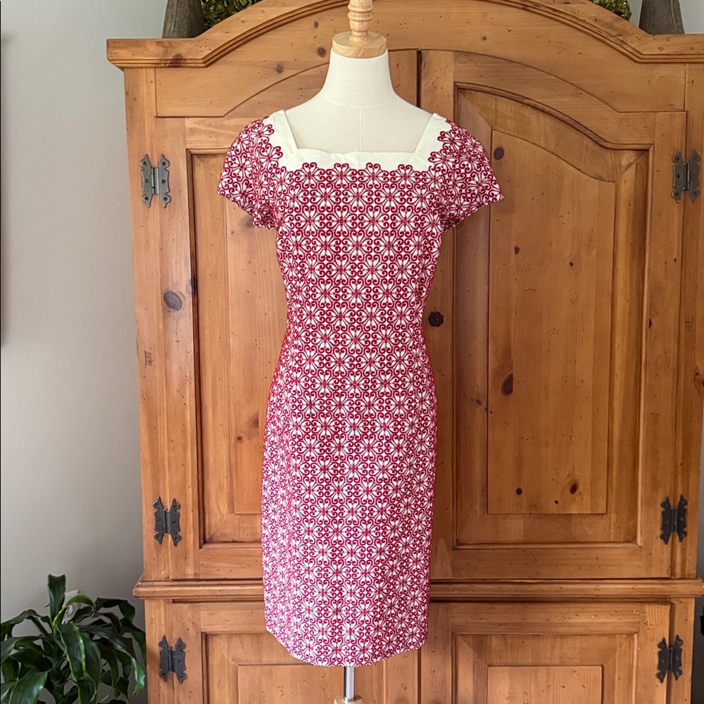 Red and white embroidered dress